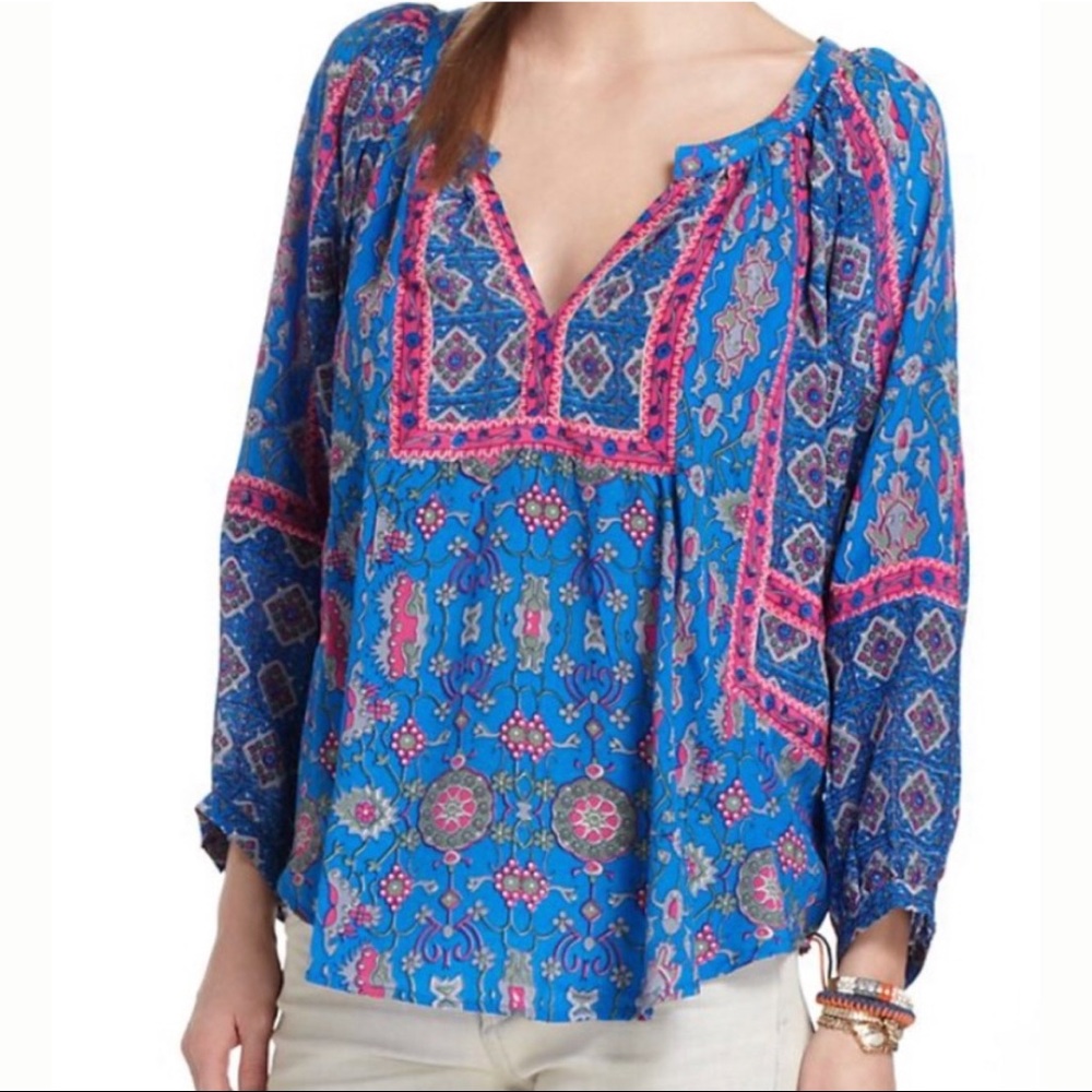 Anthropologie Nimbin Blue Pink Floral‎ Silk Peasant Blouse Top XS